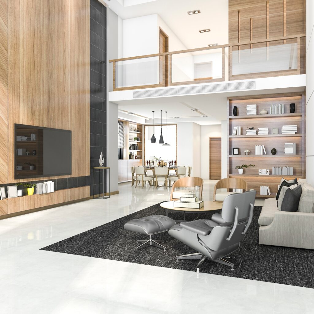 3d rendering wood modern living room and dining room